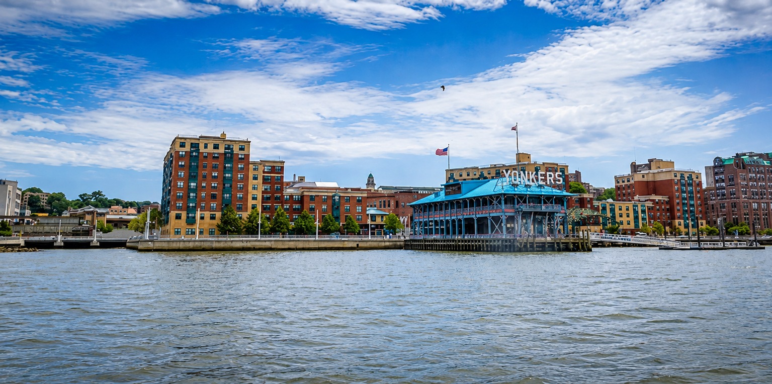 Yonkers City Pier with the YONKERS sign on the Hudson River waterfront
