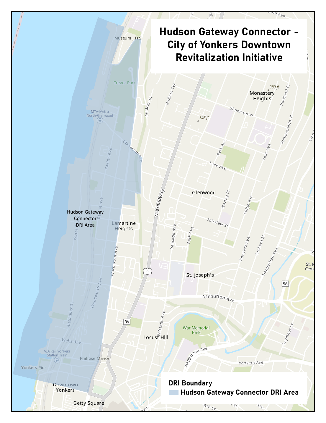 Map showing the Hudson Gateway Connector DRI area along the Yonkers waterfront, from Downtown Yonkers north to the North-Glenwood Metro-North station area.