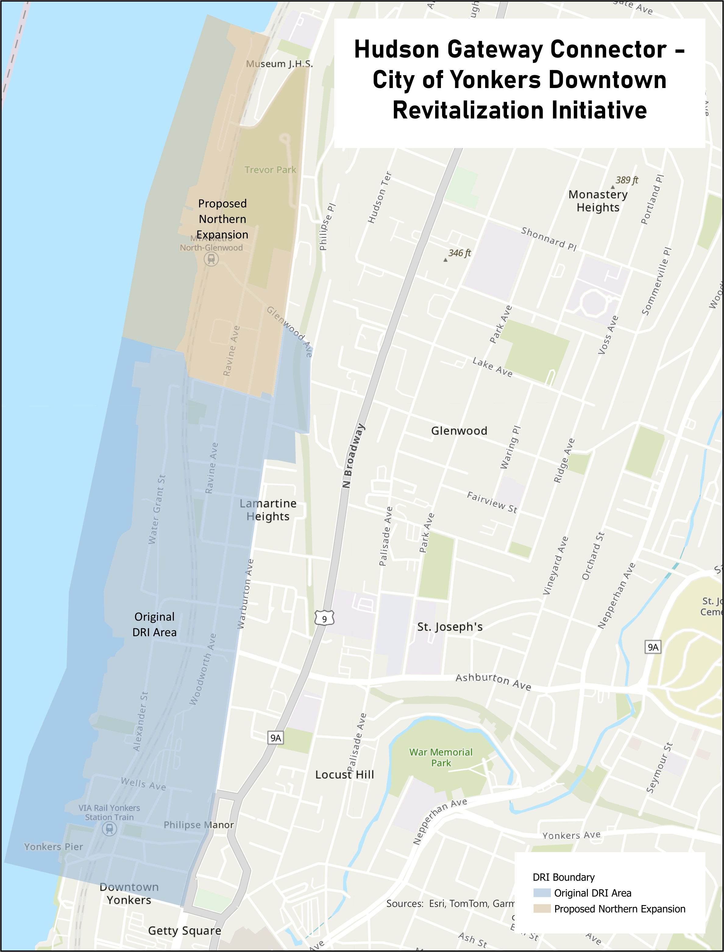Map of the Yonkers waterfront showing the original Hudson Gateway Connector DRI boundary in blue, and a proposed northern expansion near Glenwood Avenue and the MTA Metro-North North-Glenwood station in tan.